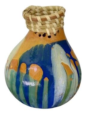 Gourd Art with a Woven Rim Mixed Media Seagrass Vase